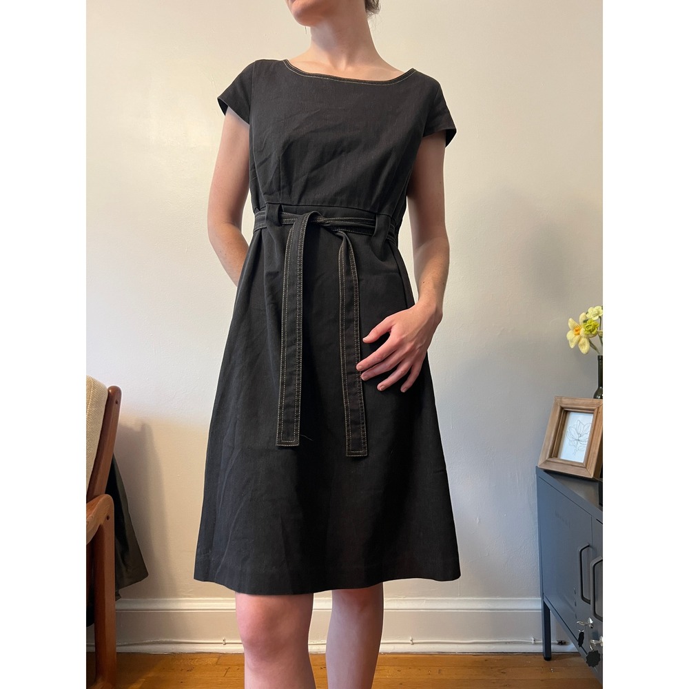 Vintage A Line Dress Black Denim Belted Size 10 Cap Sleeve Boat Neck Cottagecore
